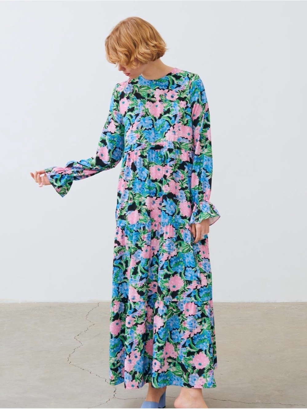 Terzi Dukkani Lorin Floral Long Sleeve Modest Maxi Dress Blue Pink Tiered
